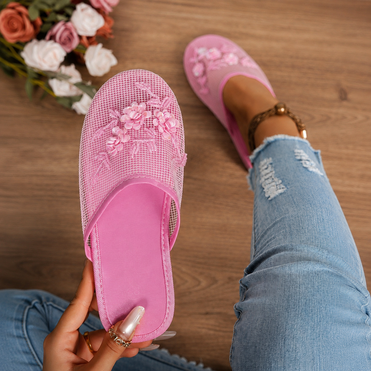 Floral Beaded Mesh Mule Sandals With Flat Slip On Design For Women