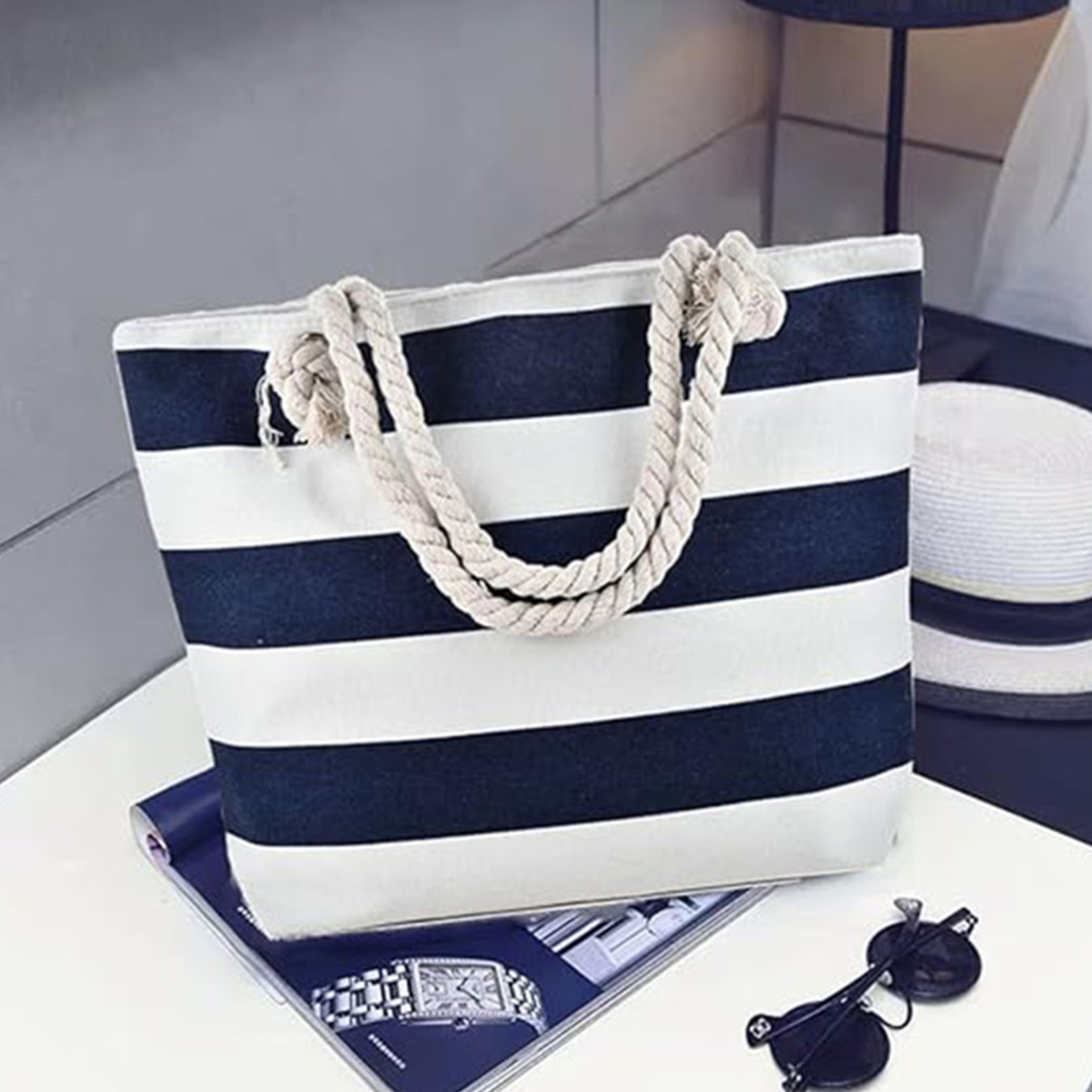 Sustainable Canvas Beach Tote with Hemp Rope Handles