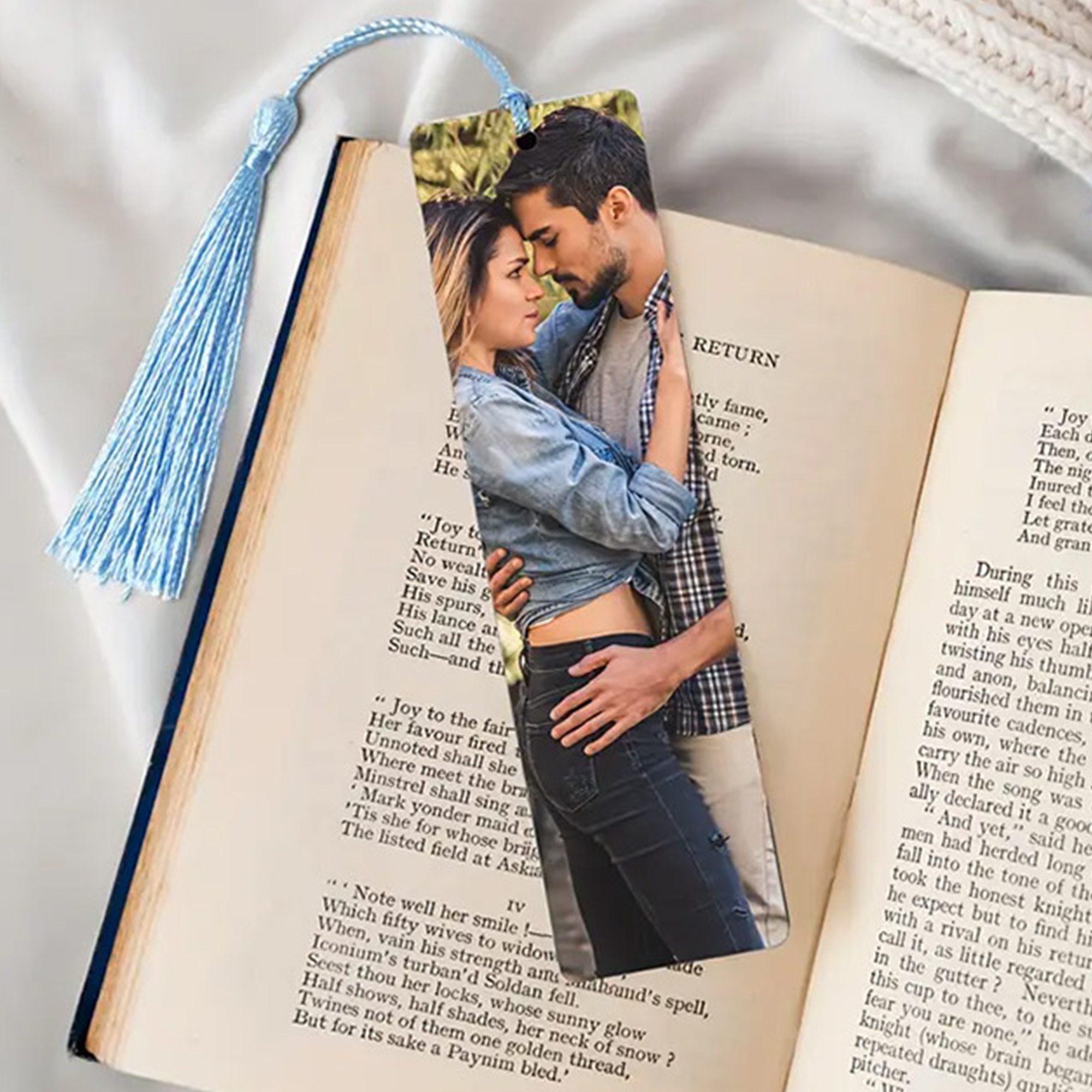 Personalized Stainless Steel Photo Bookmark with Blue Tassel