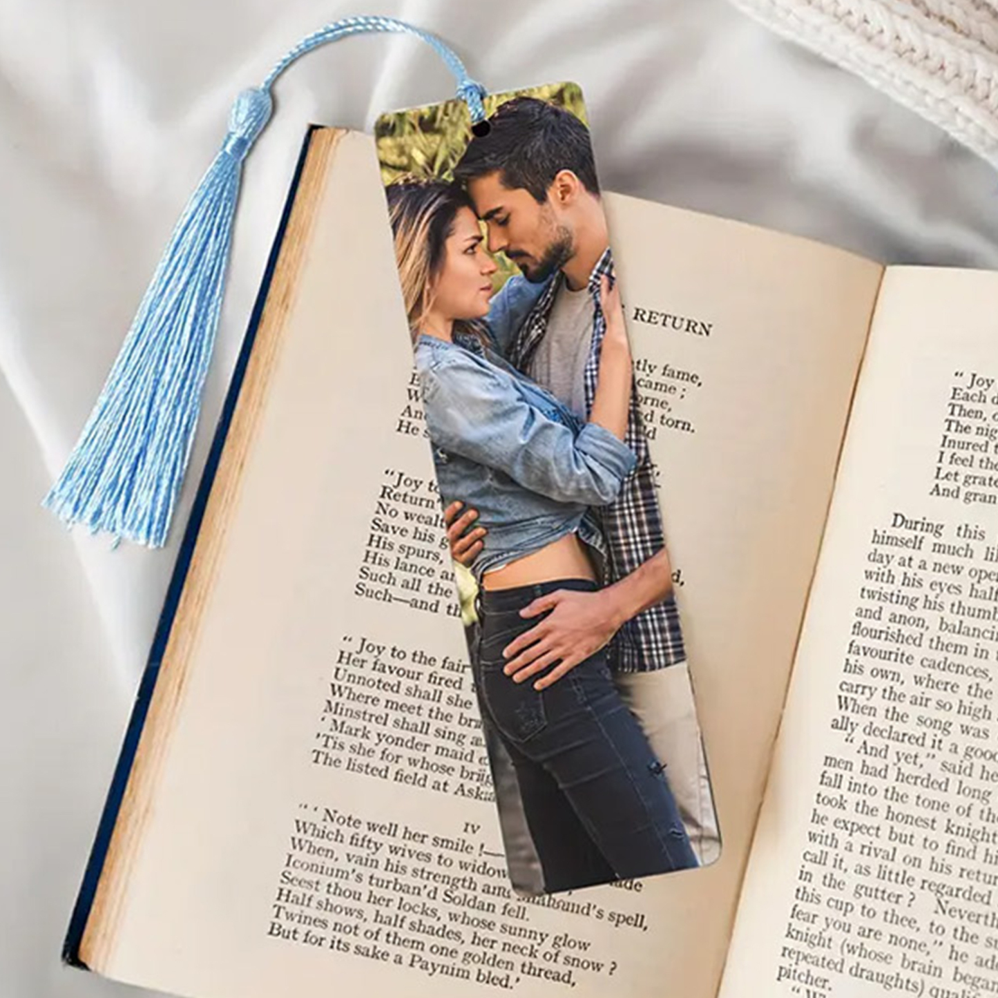 Personalized Stainless Steel Photo Bookmark with Blue Tassel