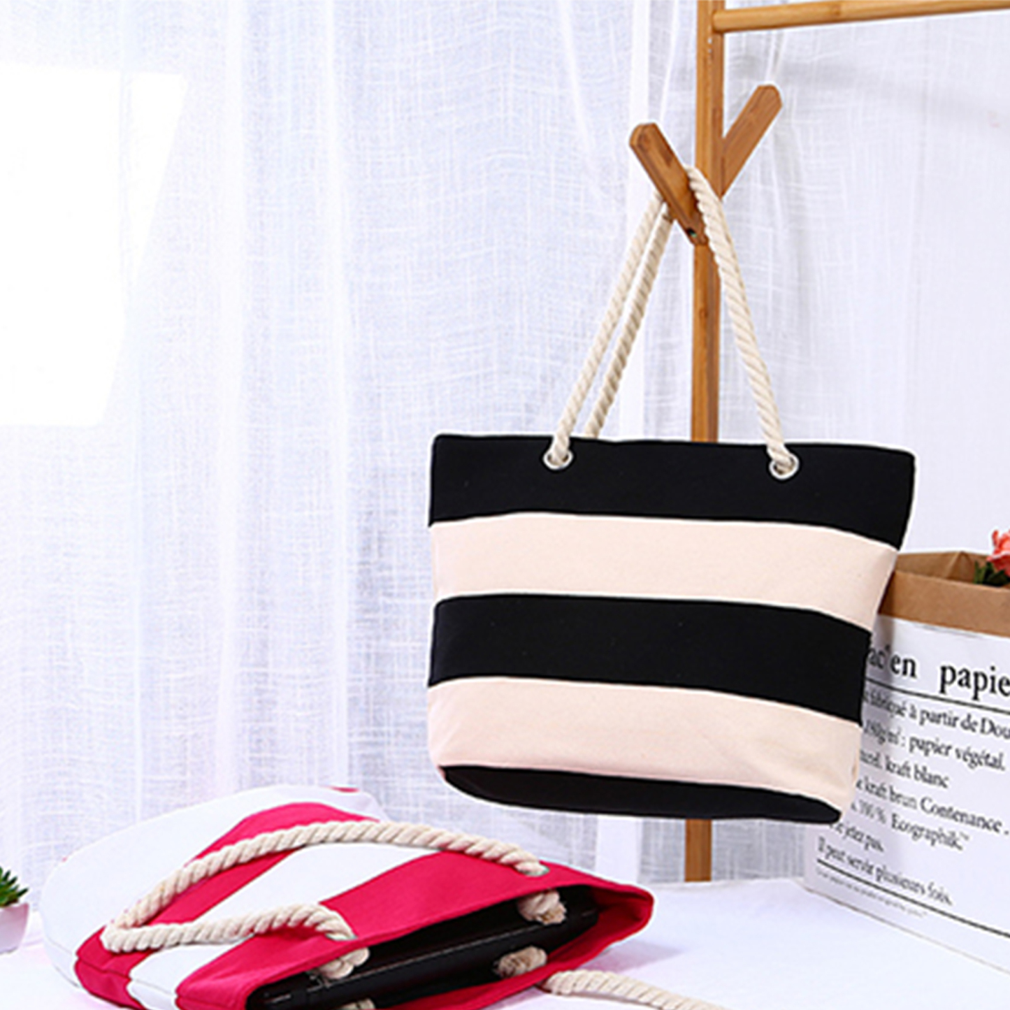 Custom Striped Canvas Tote Bag with Rope Handles