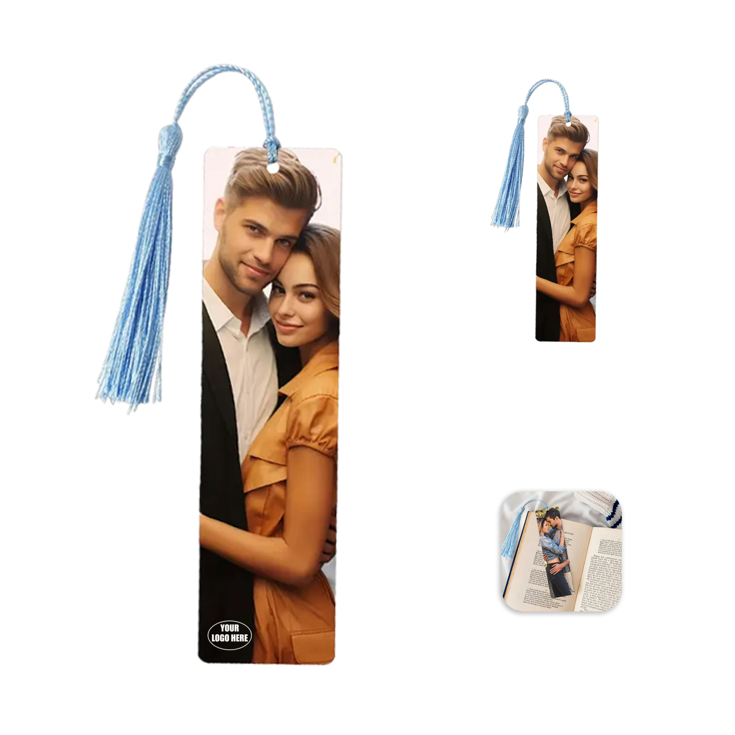 Personalized Stainless Steel Photo Bookmark with Blue Tassel