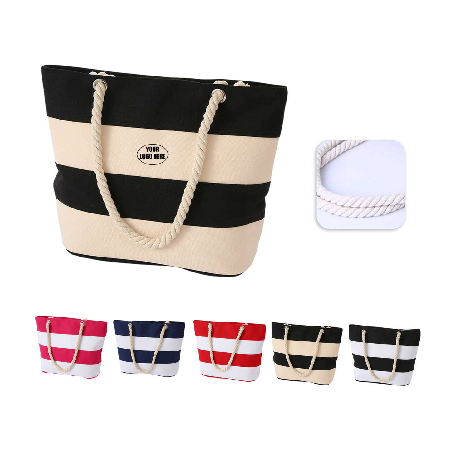 Custom Striped Canvas Tote Bag with Rope Handles