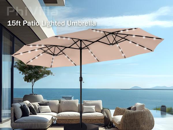 Product Introduction of PHI VILLA 15ft Double-Sided Patio Umbrella with Crank & LED Lights - Extra Large Steel Frame, Water-Resistant, UV Protection, Metal Base Included, Modern Decorative Lighting 11