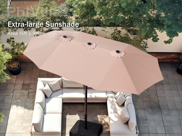 Product Introduction of PHI VILLA 15ft Double-Sided Patio Umbrella with Crank & LED Lights - Extra Large Steel Frame, Water-Resistant, UV Protection, Metal Base Included, Modern Decorative Lighting 15