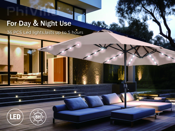 Product Introduction of PHI VILLA 15ft Double-Sided Patio Umbrella with Crank & LED Lights - Extra Large Steel Frame, Water-Resistant, UV Protection, Metal Base Included, Modern Decorative Lighting 12