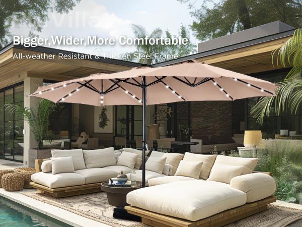 Product Introduction of PHI VILLA 15ft Double-Sided Patio Umbrella with Crank & LED Lights - Extra Large Steel Frame, Water-Resistant, UV Protection, Metal Base Included, Modern Decorative Lighting 10