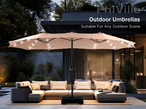 Product Introduction of PHI VILLA 15ft Double-Sided Patio Umbrella with Crank & LED Lights - Extra Large Steel Frame, Water-Resistant, UV Protection, Metal Base Included, Modern Decorative Lighting 16