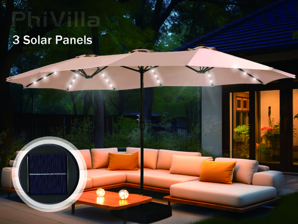 Product Introduction of PHI VILLA 15ft Double-Sided Patio Umbrella with Crank & LED Lights - Extra Large Steel Frame, Water-Resistant, UV Protection, Metal Base Included, Modern Decorative Lighting 13
