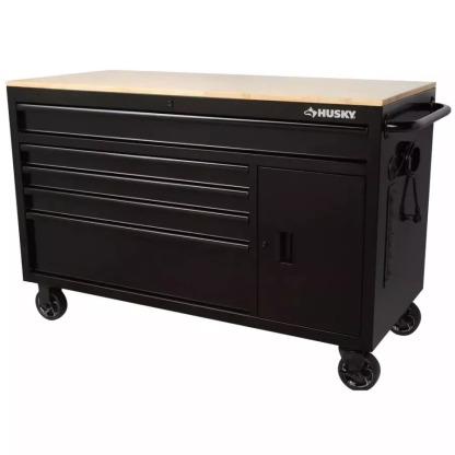 56 IN. W 5-DRAWER 1-DOOR, DEEP TOOL CHEST MOBILE WORKBENCH IN GLOSS BLACK WITH HARDWOOD TOP-Kikonat