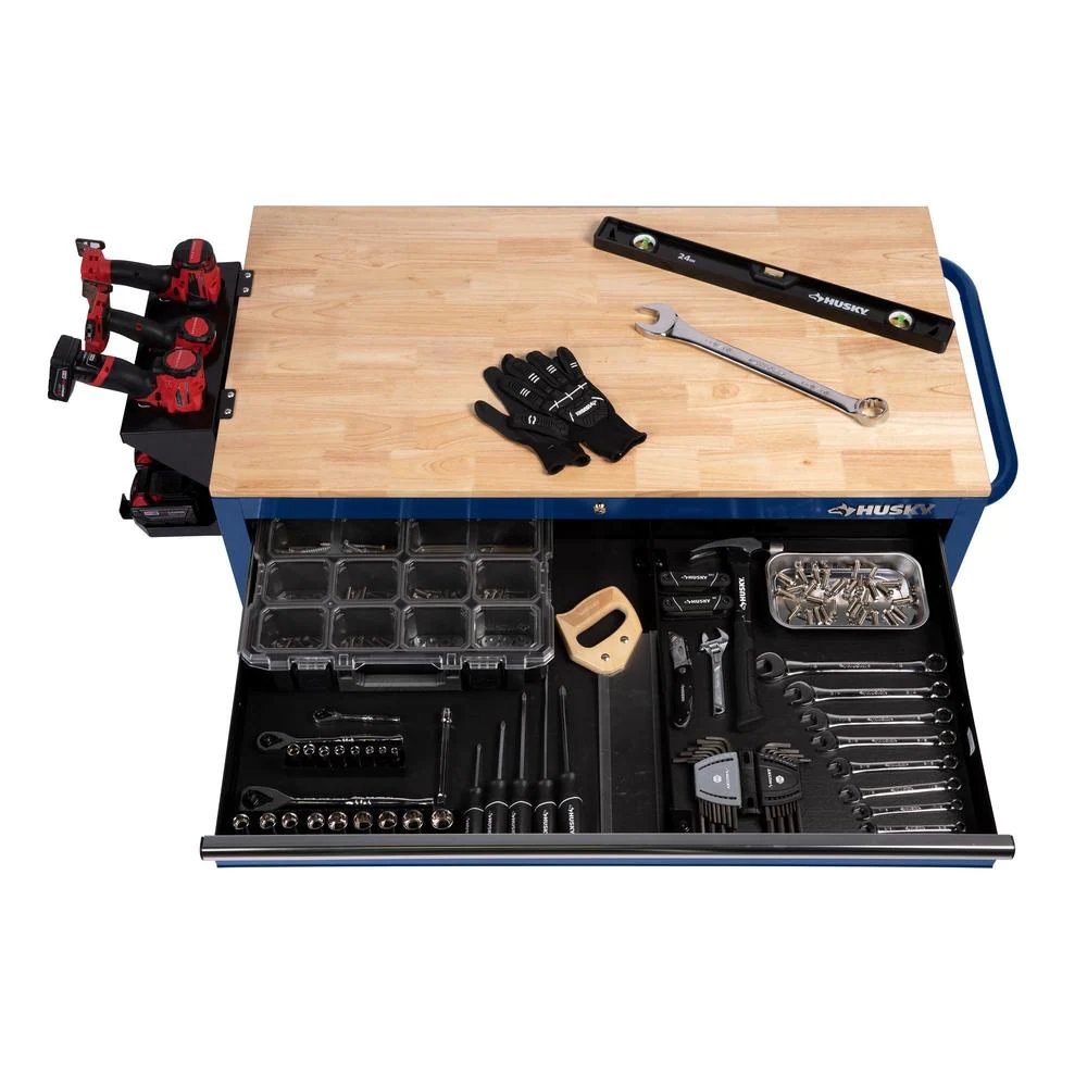 46 in. W x 24.5 in. D 9-Drawer Gloss Blue Deep Tool Chest Mobile Workbench with Hardwood Top-Kikonat