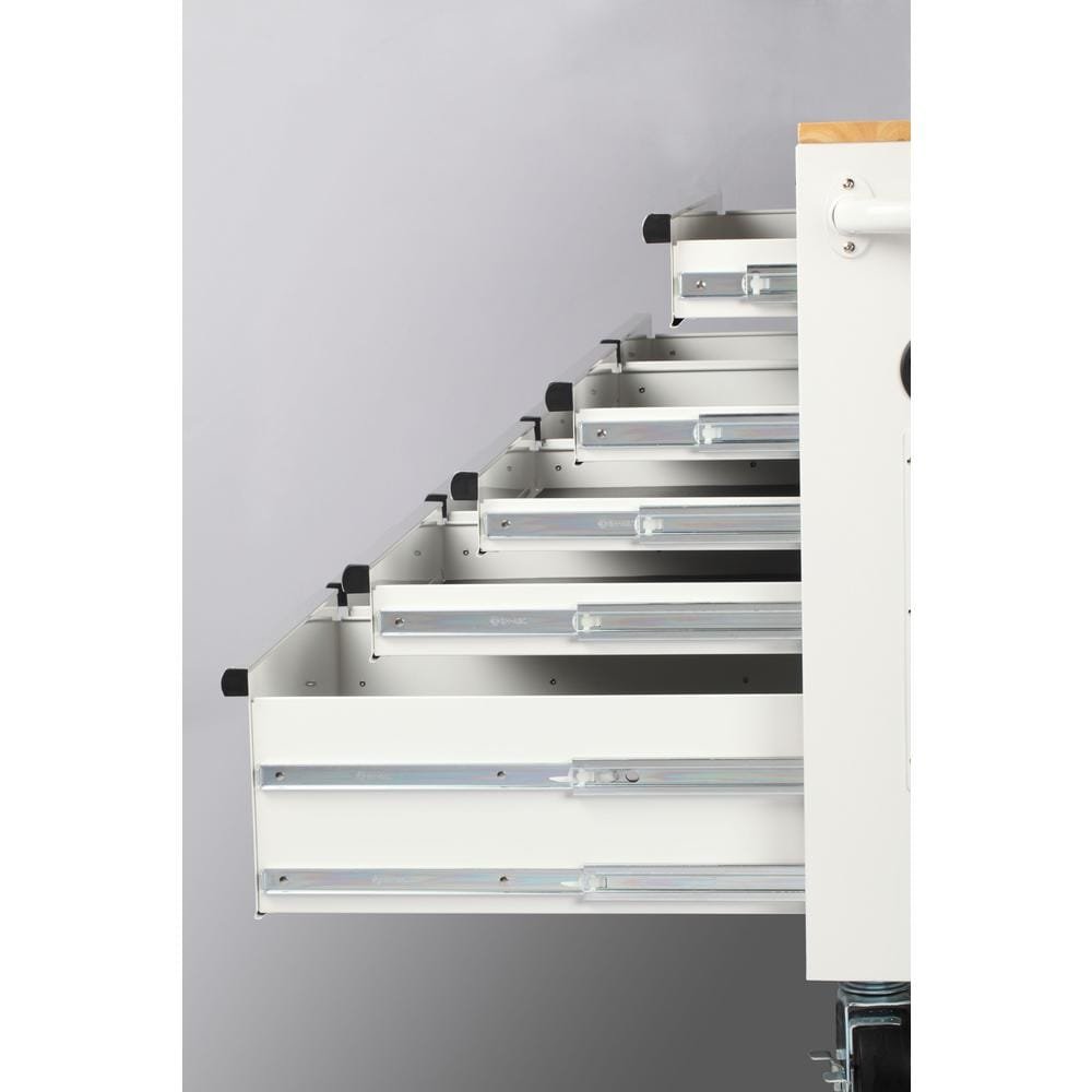 46 in. W x 24.5 in. D 9-Drawer Gloss White Deep Tool Chest Mobile Workbench with Hardwood Top-Kikonat