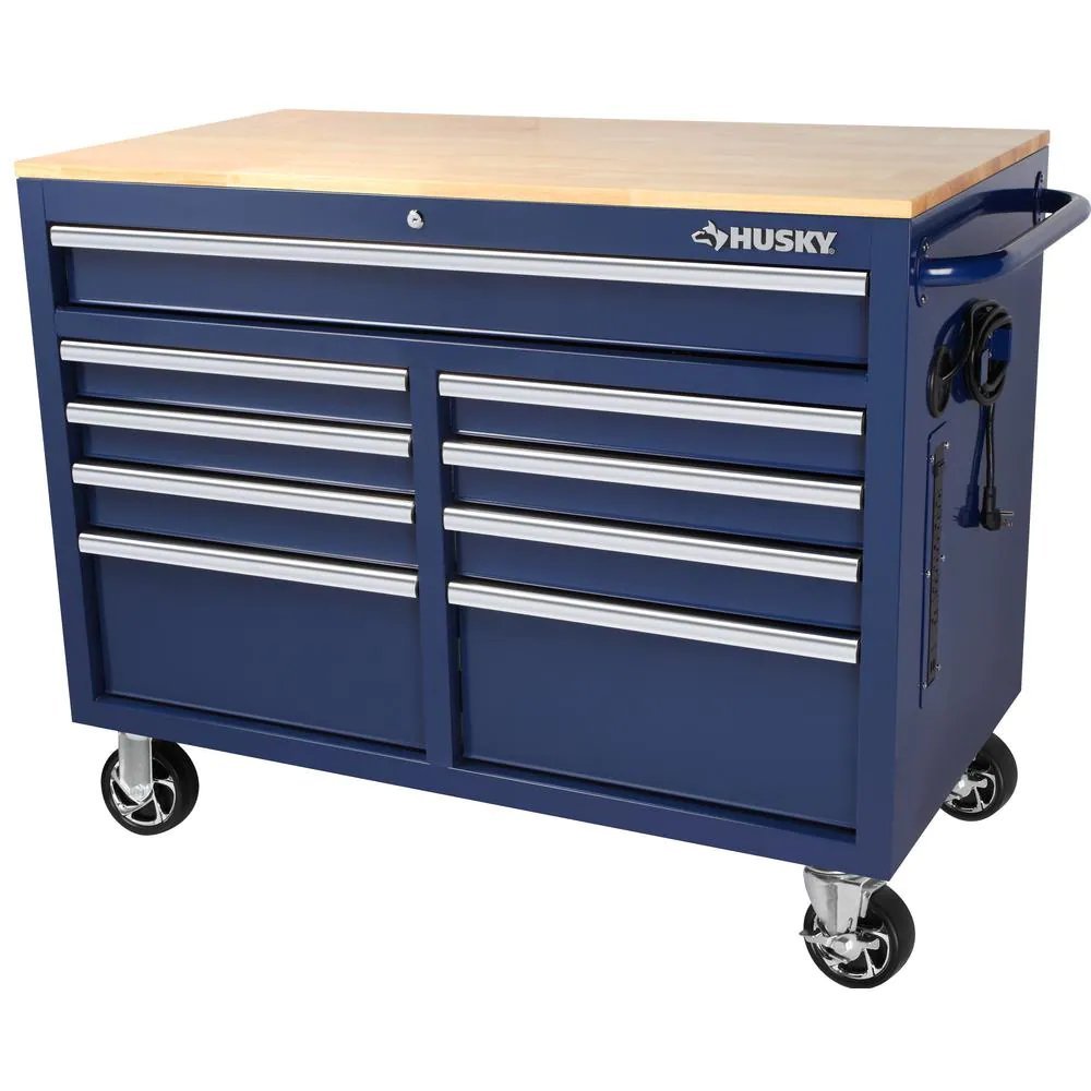 46 in. W x 24.5 in. D 9-Drawer Gloss Blue Deep Tool Chest Mobile Workbench with Hardwood Top-Kikonat