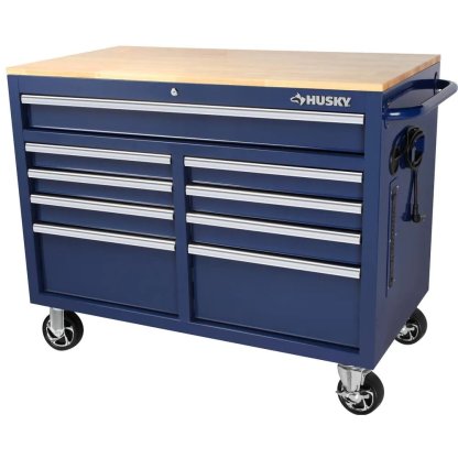 46 in. W x 24.5 in. D 9-Drawer Gloss Blue Deep Tool Chest Mobile Workbench with Hardwood Top-Kikonat