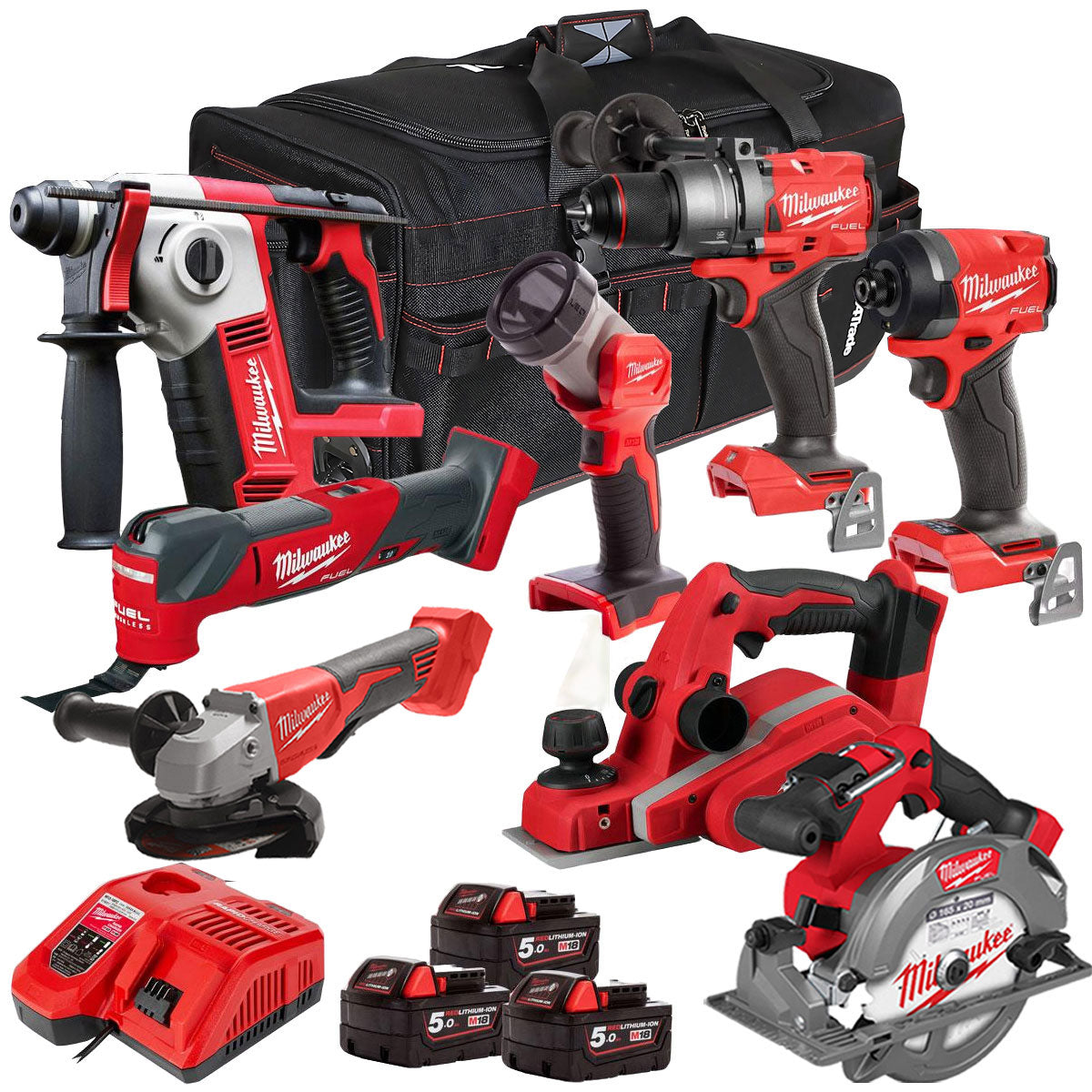 MW 18V Cordless 8 Piece Tool Kit with 3 x 5.0Ah Batteries & Charger in Bag T4TM-3-Kikonat