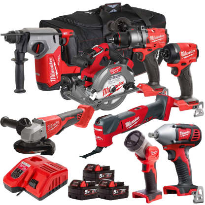 MW 18V Cordless 8 Piece Tool Kit with 3 x 5.0Ah Batteries & Charger in Bag T4TM-4-Kikonat