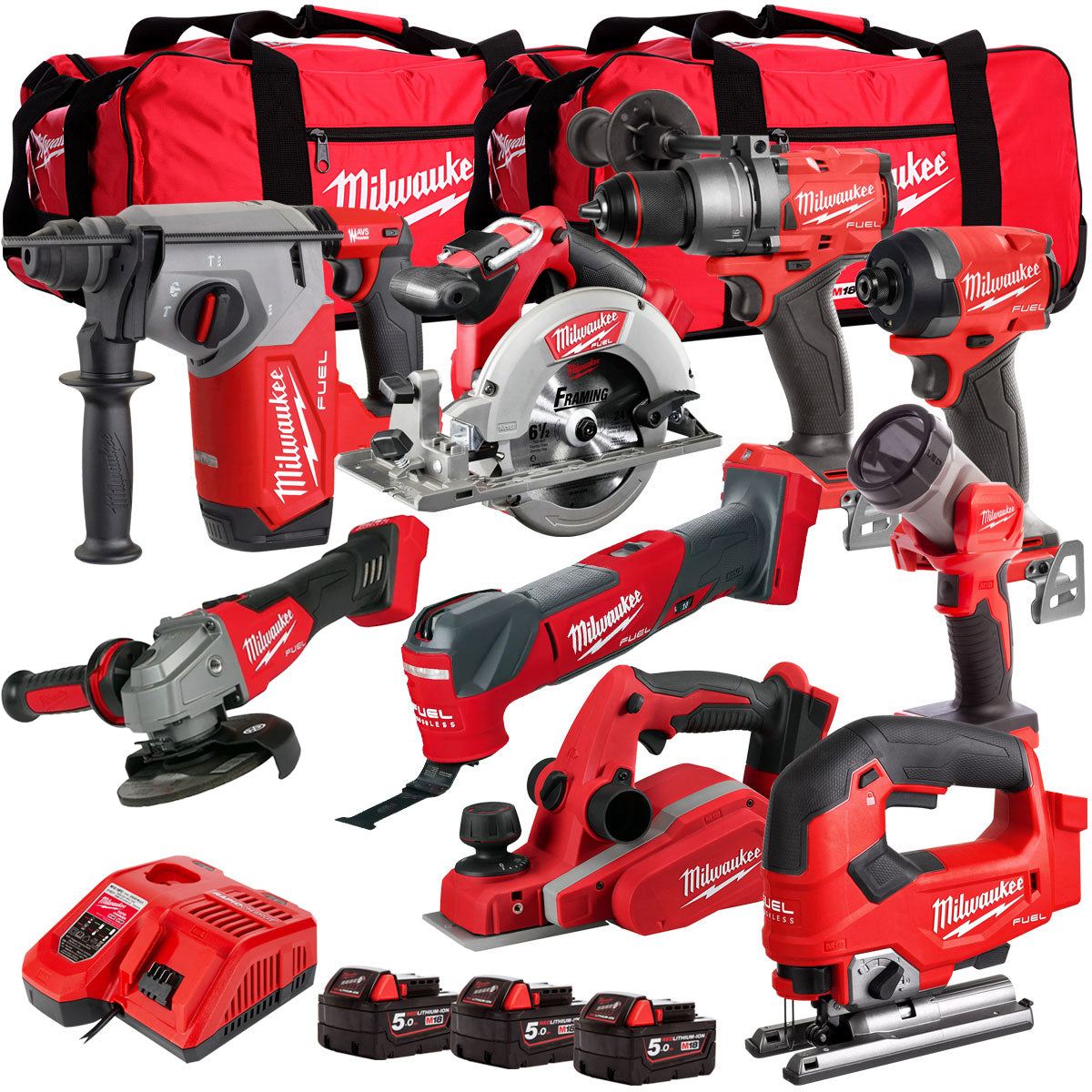 MW 18V Cordless 9 Piece Tool Kit with 3 x 5.0Ah Batteries & Charger in Bag T4TM-5-Kikonat
