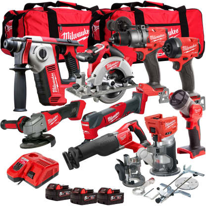 MW 18V Cordless 9 Piece Tool Kit with 3 x 5.0Ah Batteries & Charger in Bag T4TM-6-Kikonat