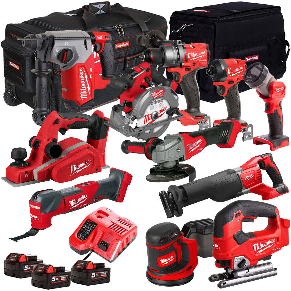 MW 18V Cordless 11 Piece Tool Kit with 3 x 5.0Ah Batteries & Charger in Bag T4TM-9-Kikonat