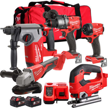 MW 18V Cordless 5 Piece Tool Kit with 2 x 5.0Ah Batteries & Charger in Bag T4TM-14-Kikonat