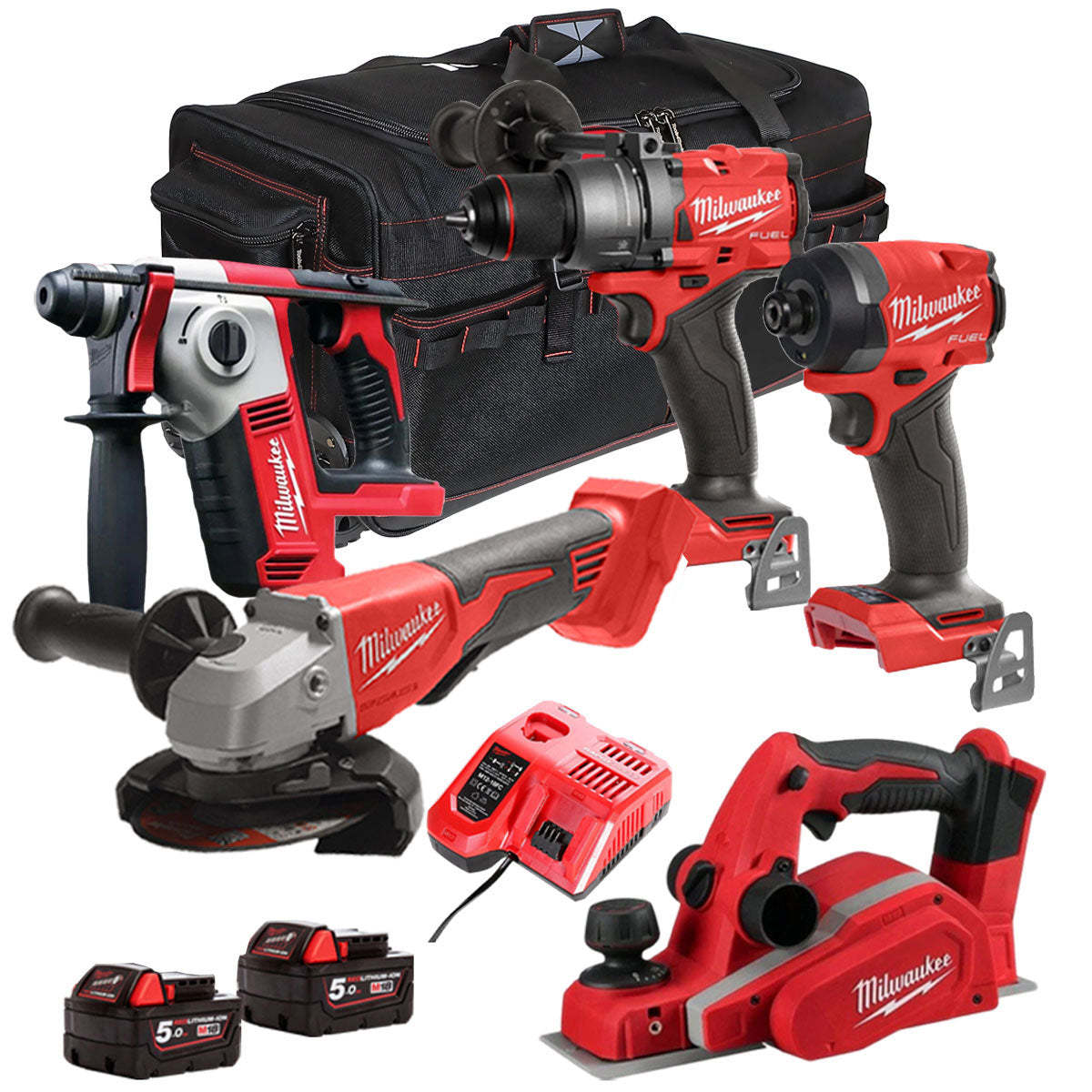 MW 18V Cordless 5 Piece Tool Kit with 2 x 5.0Ah Batteries & Charger in Bag T4TM-15-Kikonat