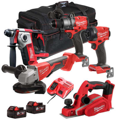 MW 18V Cordless 5 Piece Tool Kit with 2 x 5.0Ah Batteries & Charger in Bag T4TM-15-Kikonat