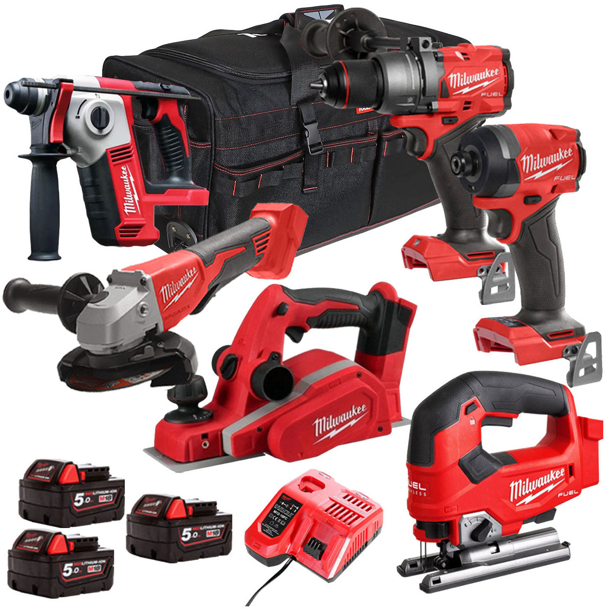 MW 18V Cordless 6 Piece Tool Kit with 3 x 5.0Ah Batteries & Charger in Bag T4TM-17-Kikonat