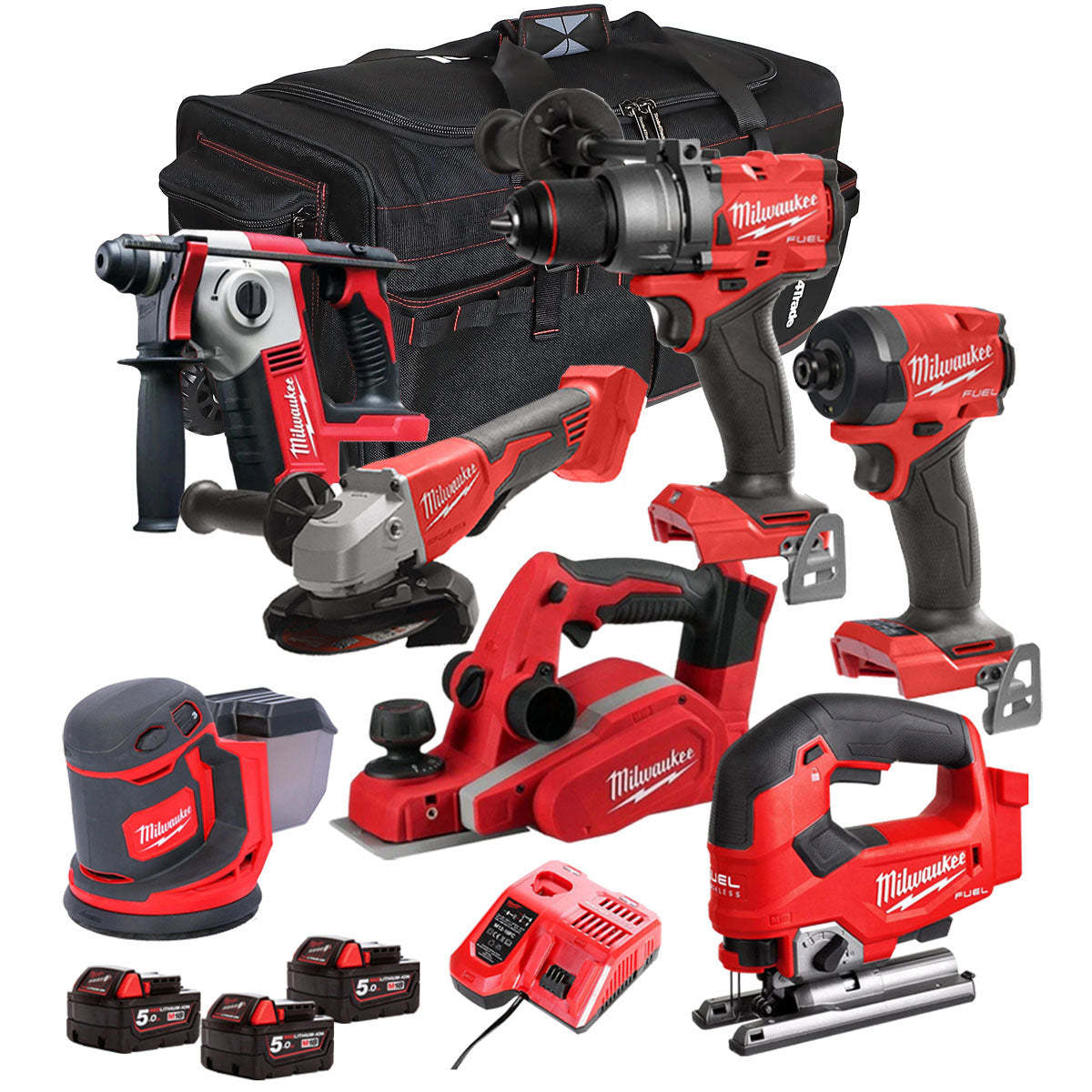 MW 18V Cordless 7 Piece Tool Kit with 3 x 5.0Ah Batteries & Charger in Bag T4TM-19-Kikonat