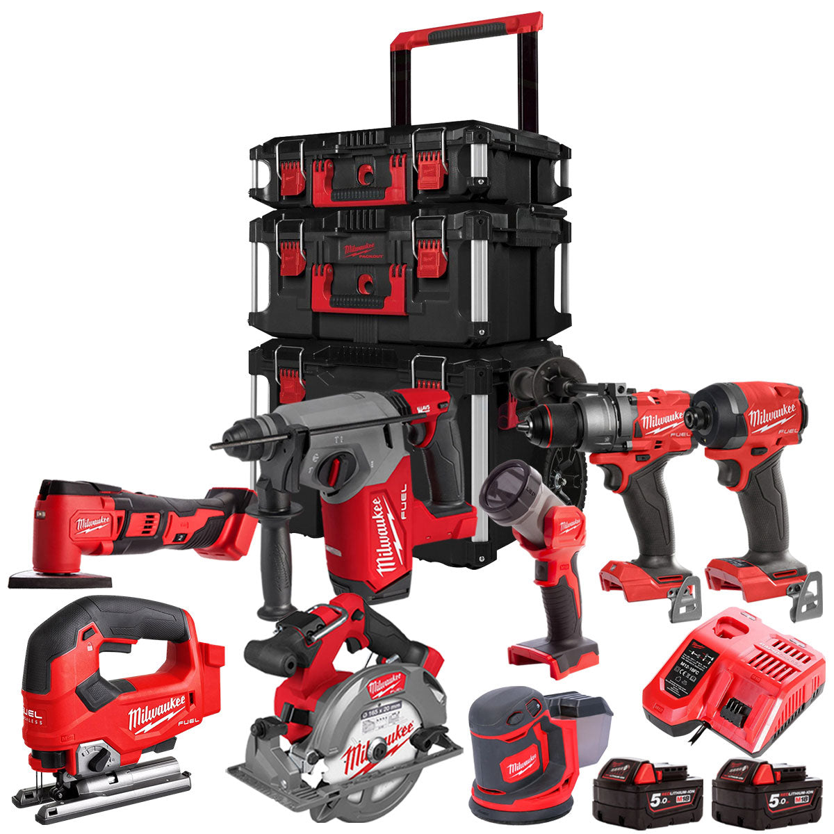 MW 18V 8 Piece Power Tool Kit With 2 x 5.0Ah Battery Charger & Trolley Toolbox-Kikonat