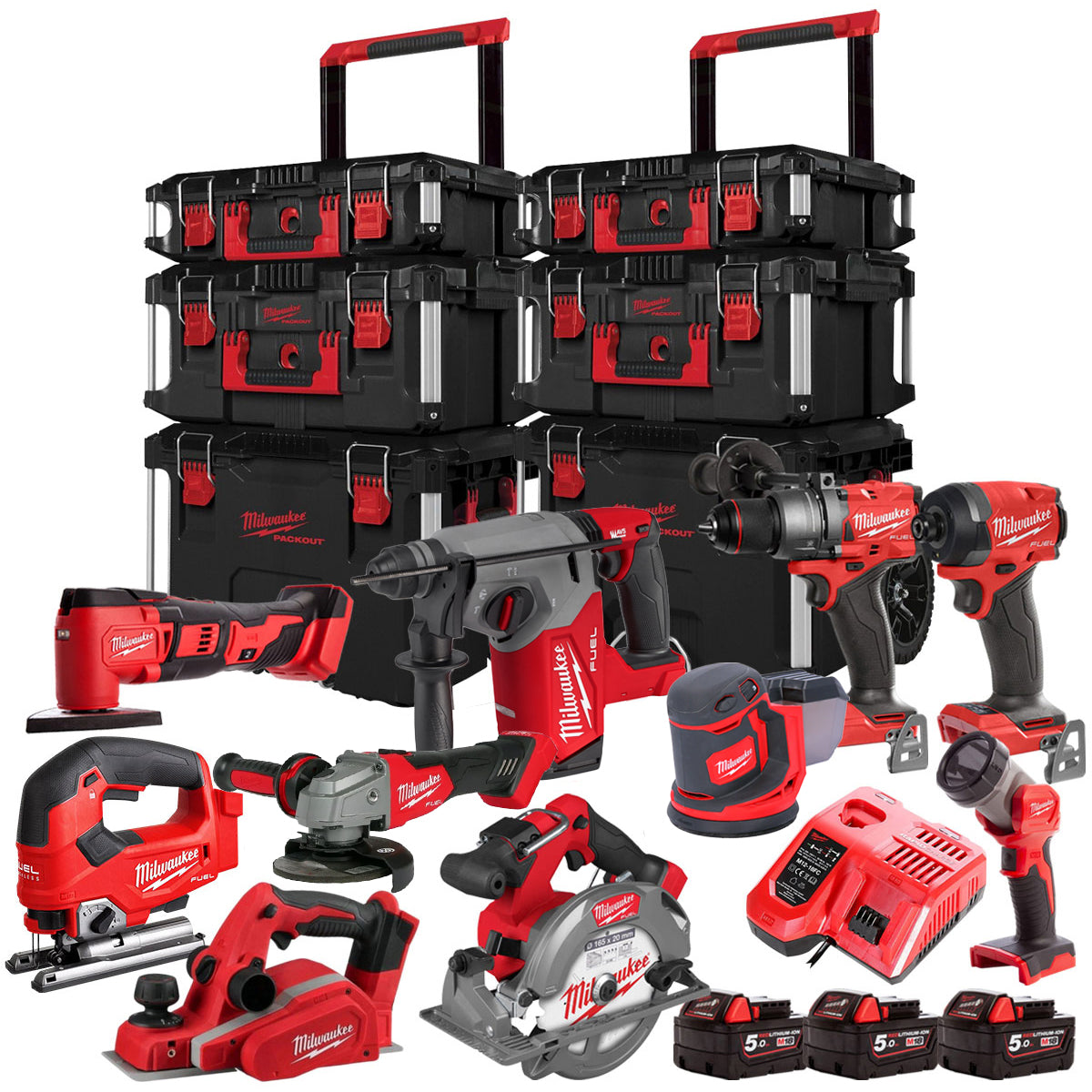 MW 18V 10 Piece Power Tool Kit With 3 x 5.0Ah Battery Charger & Trolley Toolbox-Kikonat