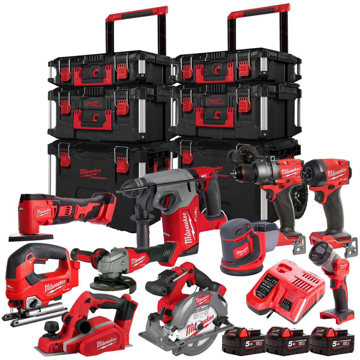 MW 18V 10 Piece Power Tool Kit With 3 x 5.0Ah Battery Charger & Trolley Toolbox-Kikonat