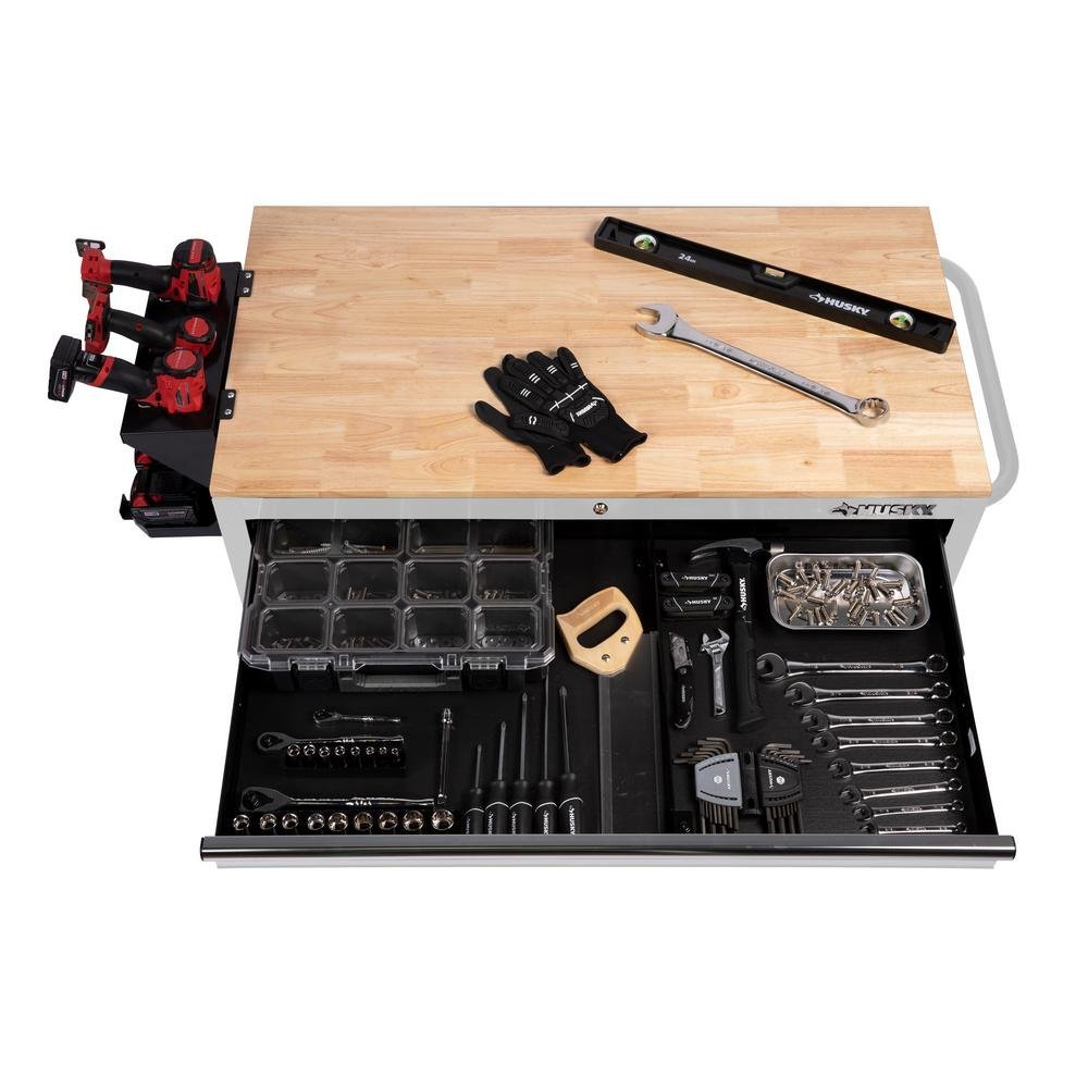 46 in. W x 24.5 in. D 9-Drawer Gloss White Deep Tool Chest Mobile Workbench with Hardwood Top-Kikonat