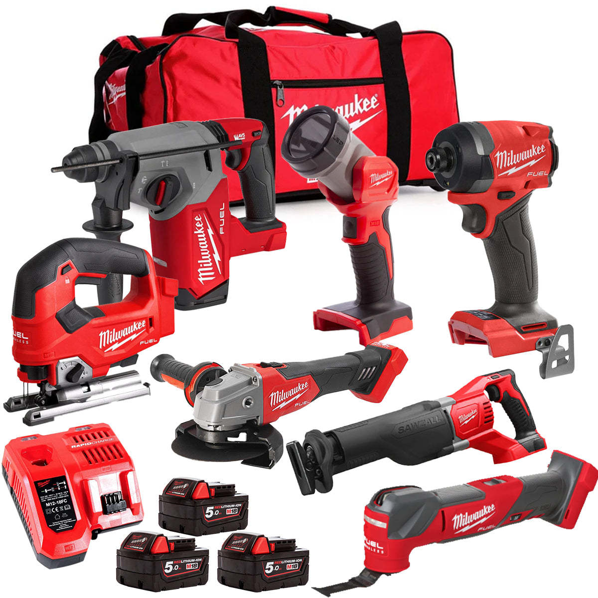 MW M18FPP6L3-503BK3 18V Brushless 7 Piece Tool Kit with 3 x 5.0Ah Batteries Charger & Wheeled Bag-Kikonat