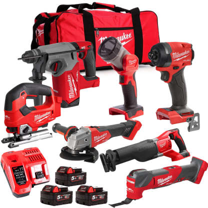 MW M18FPP6L3-503BK3 18V Brushless 7 Piece Tool Kit with 3 x 5.0Ah Batteries Charger & Wheeled Bag-Kikonat