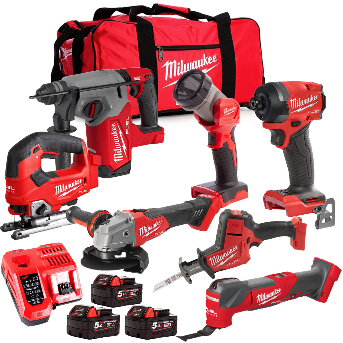 MW M18FPP6L3-503BK4 18V Brushless 7 Piece Tool Kit with 3 x 5.0Ah Batteries Charger & Wheeled Bag-Kikonat