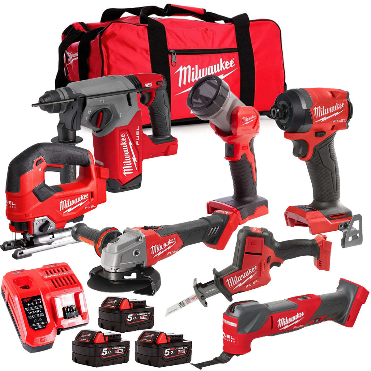 MW M18FPP6L3-503BK4 18V Brushless 7 Piece Tool Kit with 3 x 5.0Ah Batteries Charger & Wheeled Bag-Kikonat