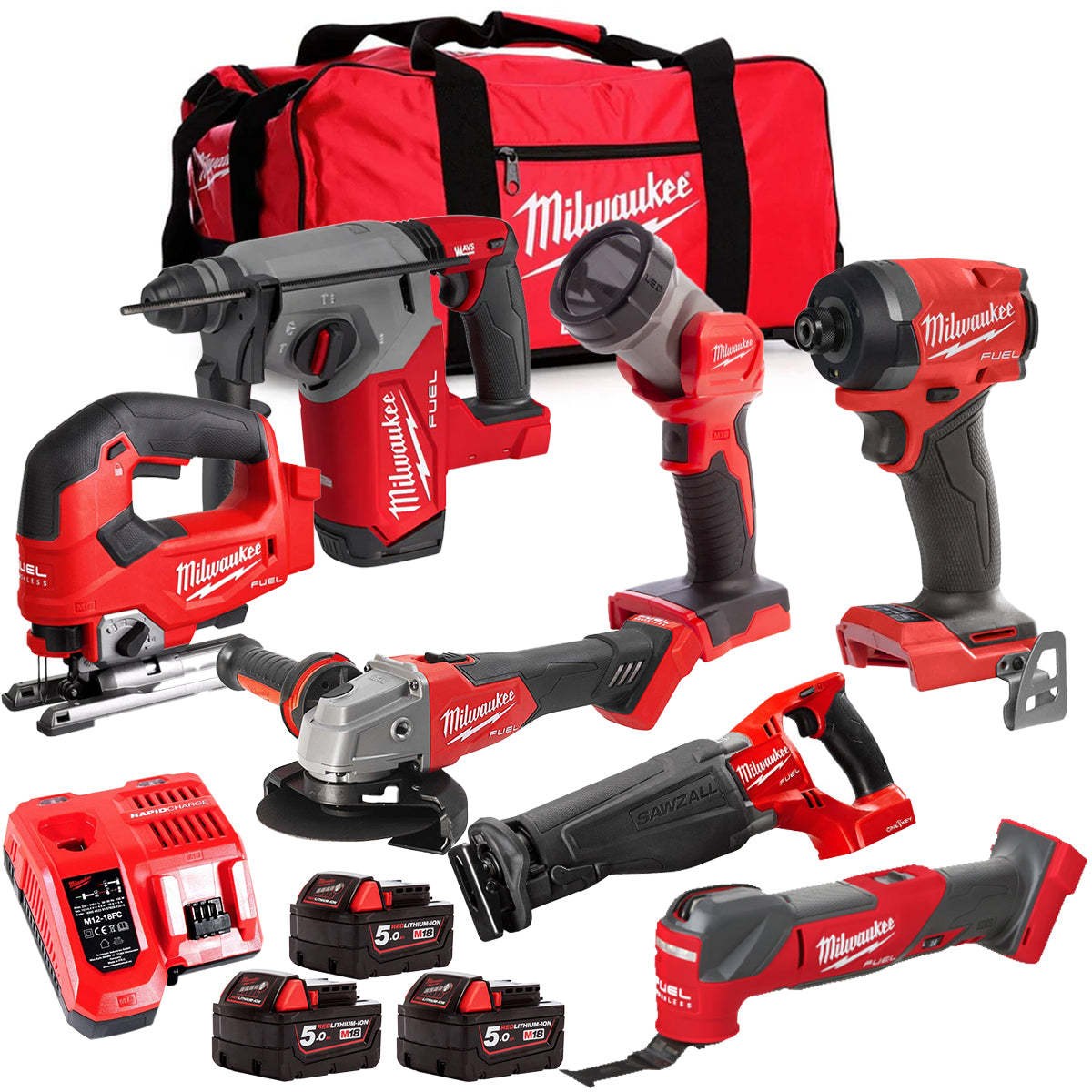 MW M18FPP6L3-503BK5 18V Brushless 7 Piece Tool Kit with 3 x 5.0Ah Batteries Charger & Wheeled Bag-Kikonat