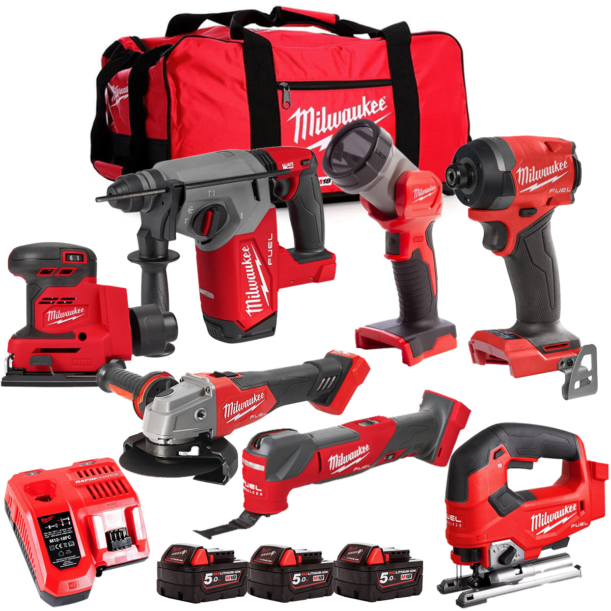 MW M18FPP6L3-503BK6 18V Brushless 7 Piece Tool Kit with 3 x 5.0Ah Batteries Charger & Wheeled Bag-Kikonat