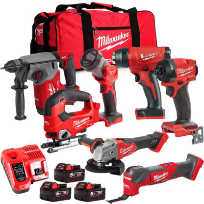 MW M18FPP6L3-503BK9 18V Brushless 7 Piece Tool Kit with 3 x 5.0Ah Batteries Charger & Wheeled Bag-Kikonat