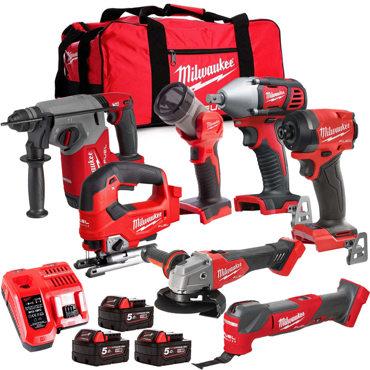 MW M18FPP6L3-503BK10 18V 7 Piece Tool Kit with 3 x 5.0Ah Batteries Charger & Wheeled Bag-Kikonat