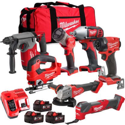 MW M18FPP6L3-503BK10 18V 7 Piece Tool Kit with 3 x 5.0Ah Batteries Charger & Wheeled Bag-Kikonat