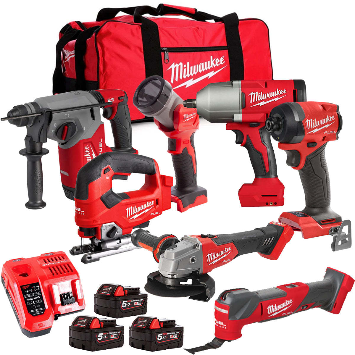 MW M18FPP6L3-503BK11 18V Brushless 7 Piece Tool Kit with 3 x 5.0Ah Batteries Charger & Wheeled Bag-Kikonat