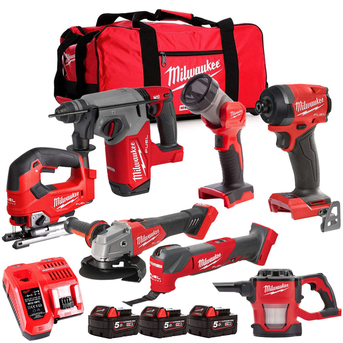 MW M18FPP6L3-503BK12 18V 7 Piece Tool Kit with 3 x 5.0Ah Batteries Charger & Wheeled Bag-Kikonat