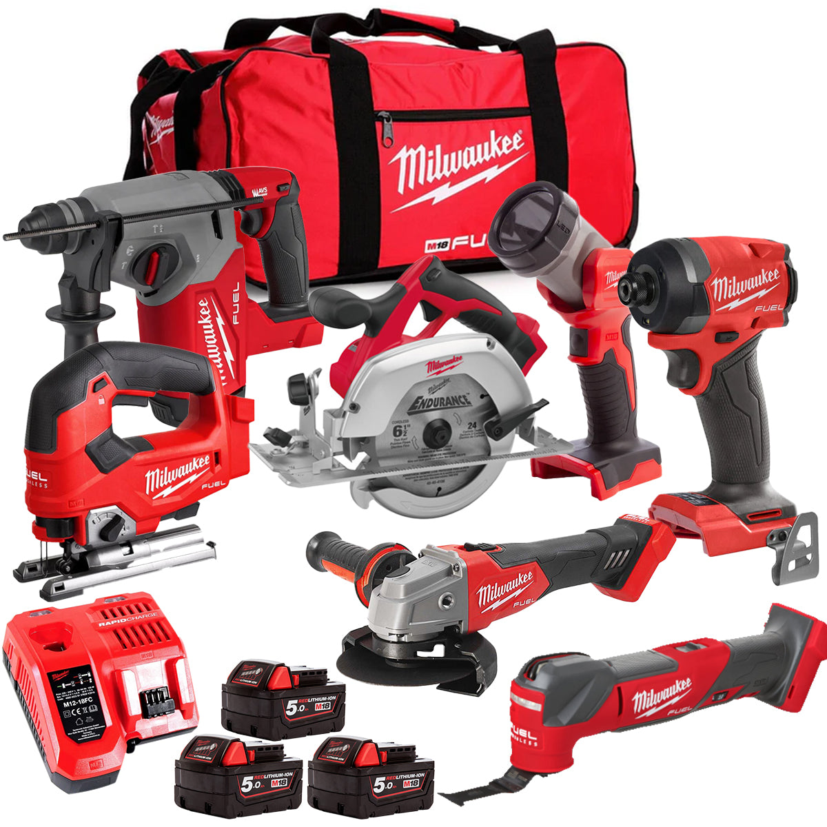 MW M18FPP6L3-503BK14 18V 7 Piece Tool Kit with 3 x 5.0Ah Batteries Charger & Wheeled Bag-Kikonat