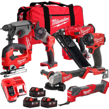 MW M18FPP6L3-503BK15 18V Brushless 7 Piece Tool Kit with 3 x 5.0Ah Batteries Charger & Wheeled Bag-Kikonat