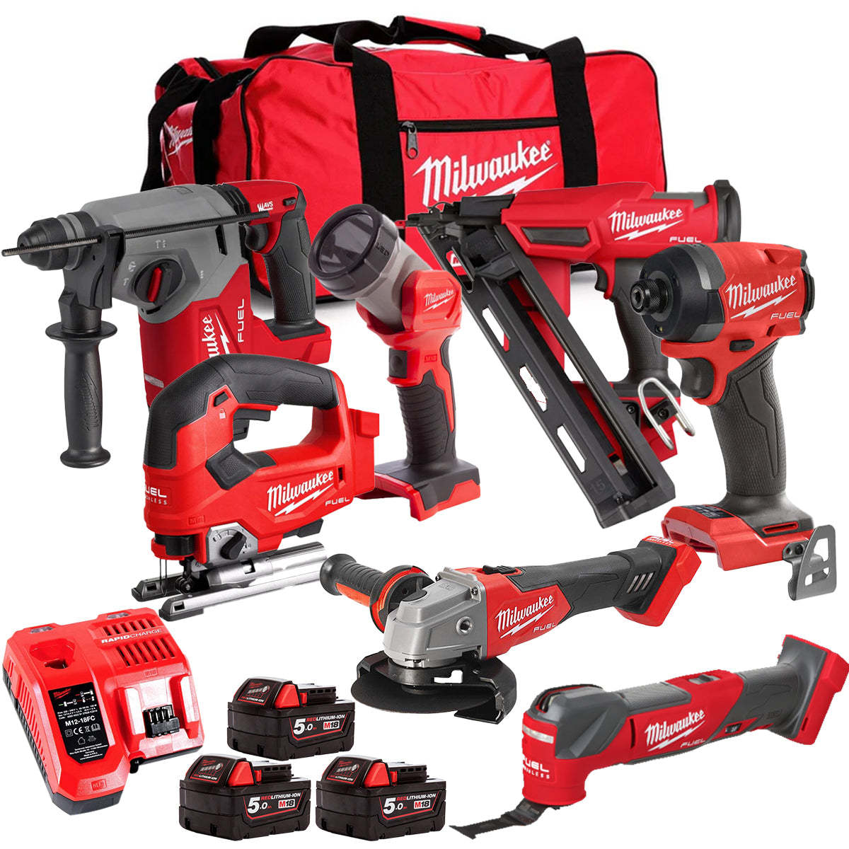 MW M18FPP6L3-503BK16 18V Brushless 7 Piece Tool Kit with 3 x 5.0Ah Batteries Charger & Wheeled Bag-Kikonat