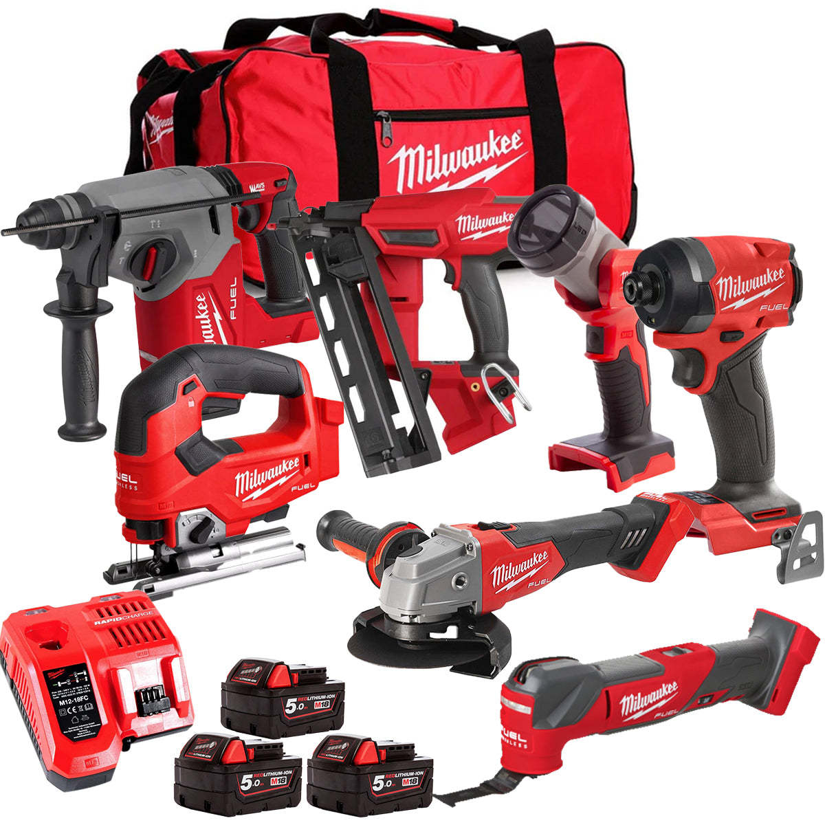 MW M18FPP6L3-503BK17 18V Brushless 7 Piece Tool Kit with 3 x 5.0Ah Batteries Charger & Wheeled Bag-Kikonat