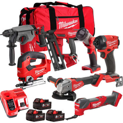 MW M18FPP6L3-503BK17 18V Brushless 7 Piece Tool Kit with 3 x 5.0Ah Batteries Charger & Wheeled Bag-Kikonat