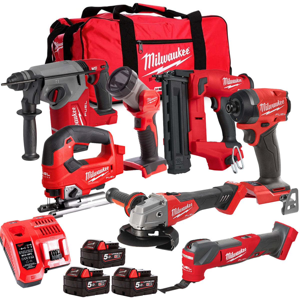 MW M18FPP6L3-503BK18 18V Brushless 7 Piece Tool Kit with 3 x 5.0Ah Batteries Charger & Wheeled Bag-Kikonat