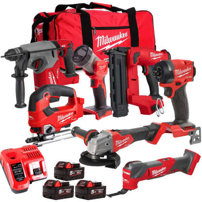 MW M18FPP6L3-503BK18 18V Brushless 7 Piece Tool Kit with 3 x 5.0Ah Batteries Charger & Wheeled Bag-Kikonat